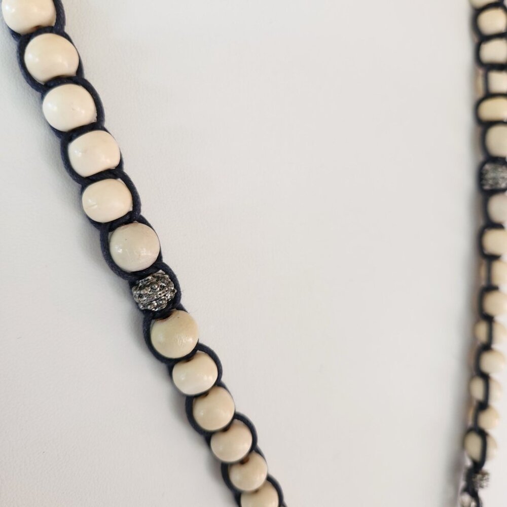 Chico's Boho Beaded Necklace Tassel Pendant Ethnic Wood Acrylic Cream Blue Green - Picture 6 of 11